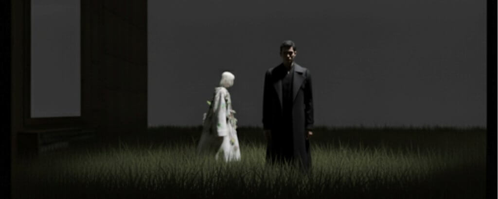 Rendering of a man in a long black coat in a grass field with a woman in white walking behind - Scene from the Lohengrin opera.