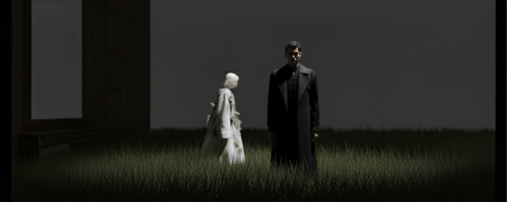Rendering of a man in a long black coat in a grass field with a woman in white walking behind - Scene from the Lohengrin opera.