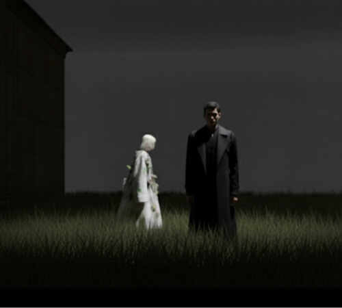 Rendering of a man in a long black coat in a grass field with a woman in white walking behind - Scene from the Lohengrin opera.