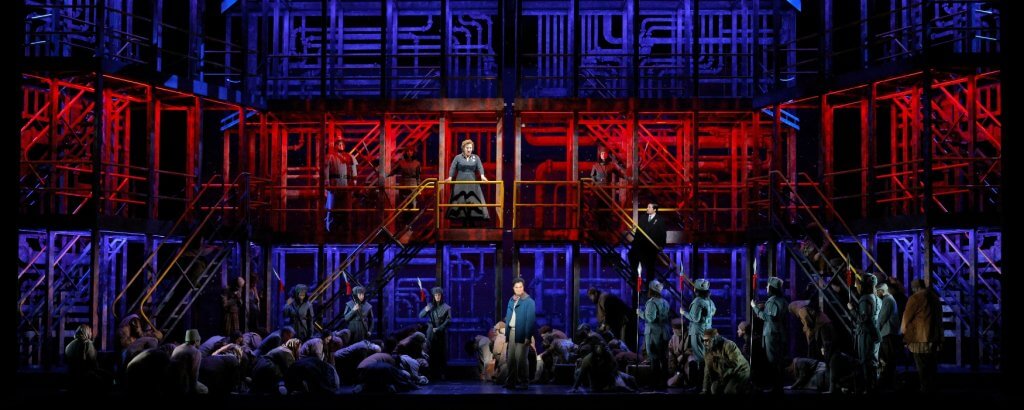 Opera singers on a red and blue set - Photo from Turandot opera