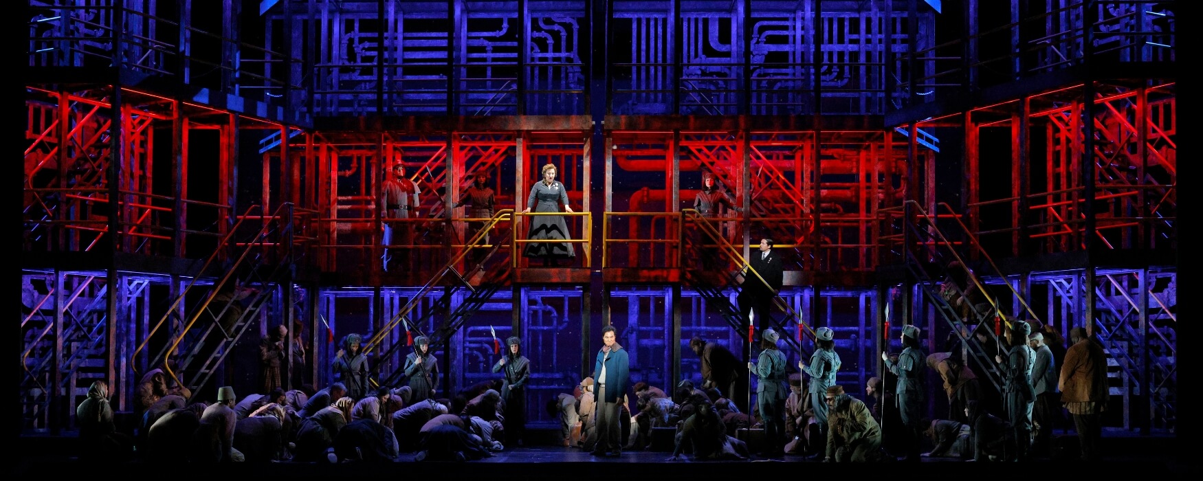 Opera singers on a red and blue set - Photo from Turandot opera